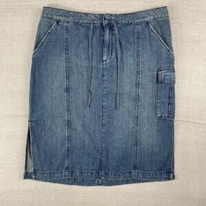 London Jean Denim Midi Skirt Women's Size 10 Zipper Fly Blue Slits Cargo Pocket